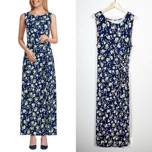 Lands End Womens Plus Size Sleeveless Tie Waist Maxi Dress Navy Blue Floral 2X
